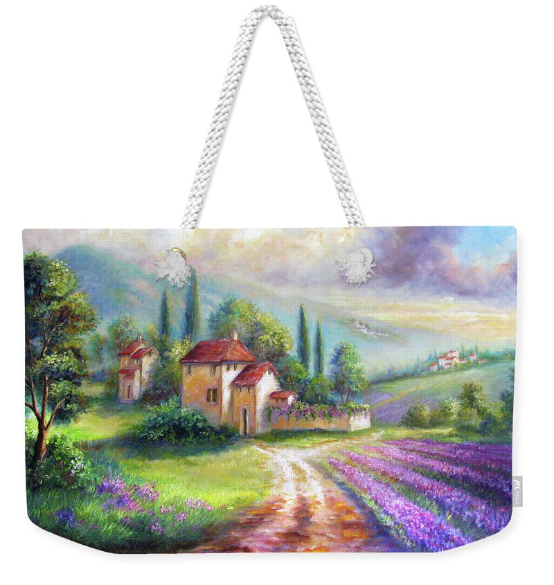 Landscape Weekender Tote Bag featuring the painting Lilac Fields in the Italian countryside  by Regina Femrite