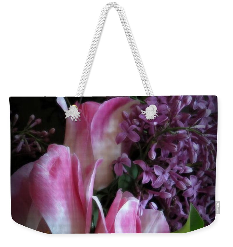 Lilacs Weekender Tote Bag featuring the photograph Lilacs And Tulips by Kay Novy