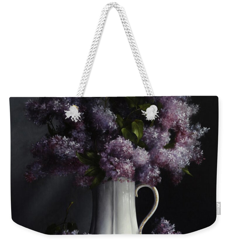 Lilacs Weekender Tote Bag featuring the painting Lilacs/haviland Water Pitcher by Lawrence Preston