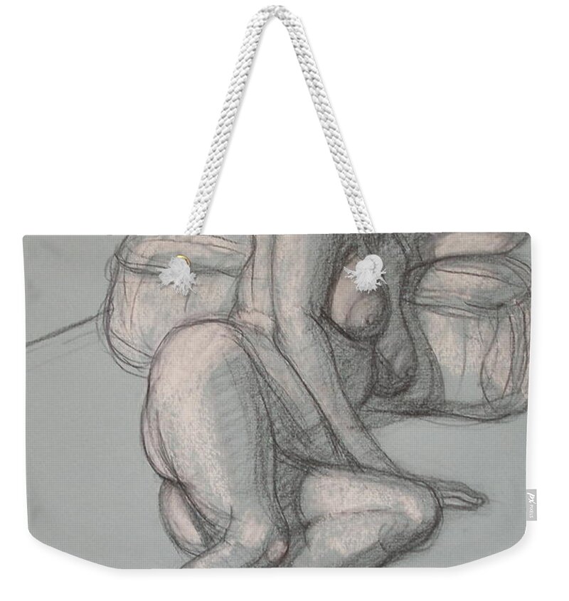 Realism Weekender Tote Bag featuring the drawing Liliana Reclining 2 by Donelli DiMaria
