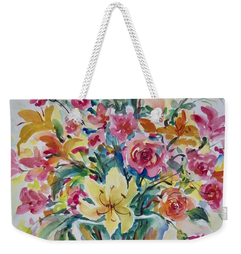 Flowers Weekender Tote Bag featuring the painting Lilies and Roses by Ingrid Dohm