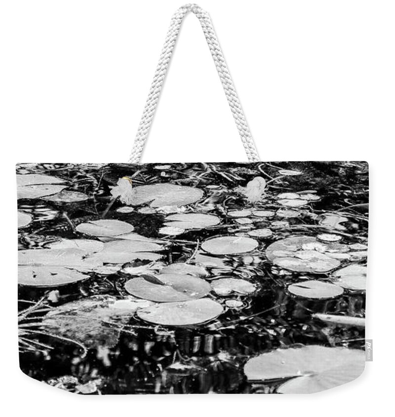 Lily Pad Weekender Tote Bag featuring the photograph Lily Pads, Black and White by Adam Morsa