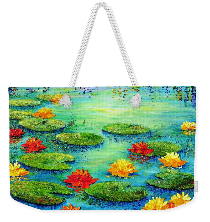 Lily Weekender Tote Bag featuring the painting Lily Pond by Teresa Wegrzyn