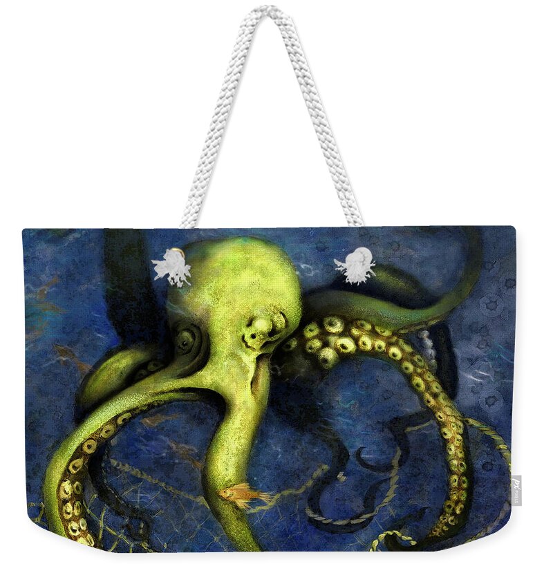 Octopus Weekender Tote Bag featuring the digital art Lime Green Octopus with Net by Sand And Chi