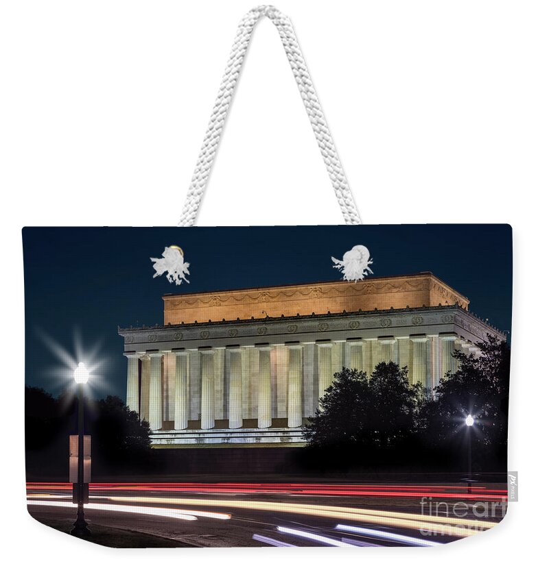Architecture Weekender Tote Bag featuring the photograph Lincoln Memorial and Car Light Trails by Jerry Fornarotto