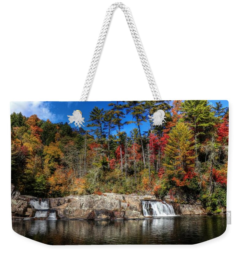 Linville Upper Falls During Fall Weekender Tote Bag featuring the photograph Linville Upper Falls During Fall by Carol Montoya