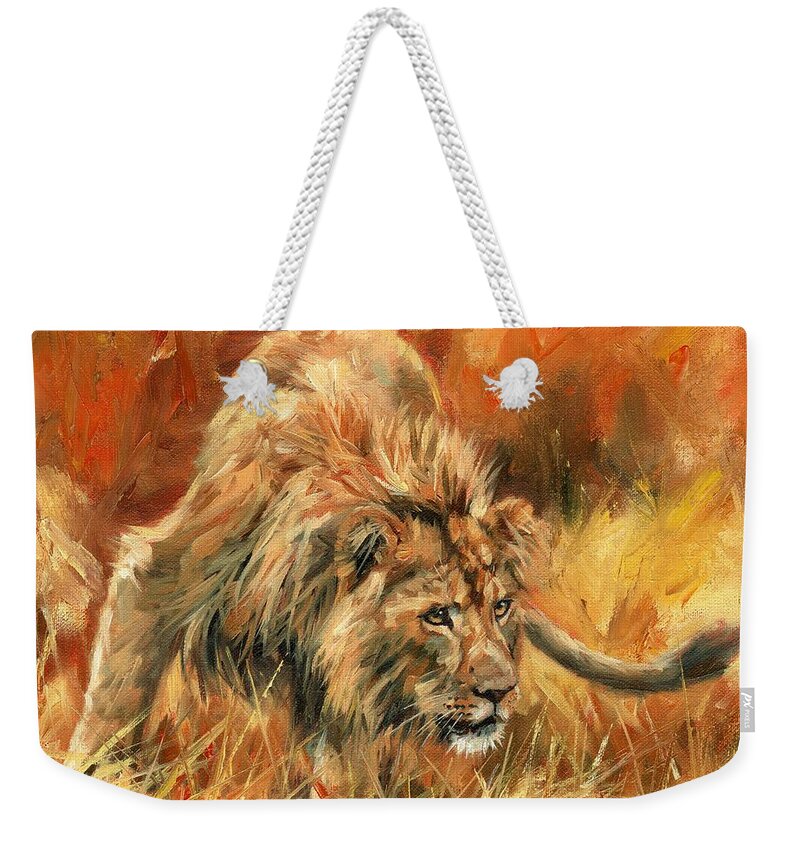 Lion Weekender Tote Bag featuring the painting Lion Alert by David Stribbling