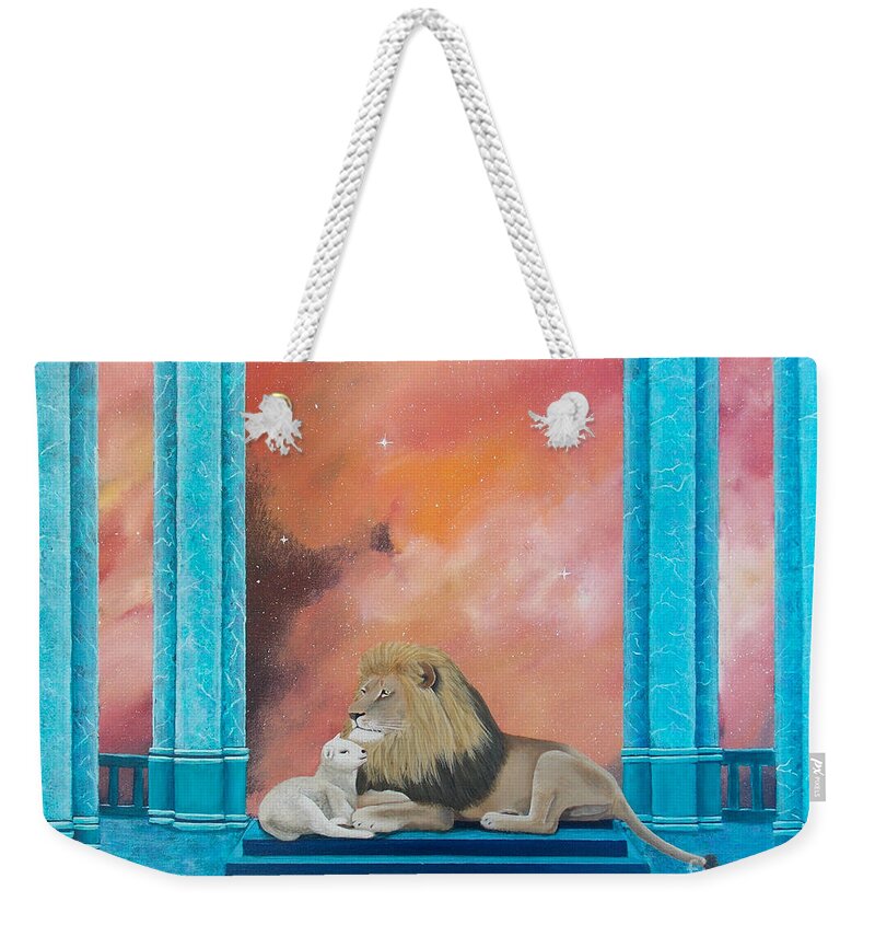Lion Weekender Tote Bag featuring the painting Lion and Lamb by Tracey Goodwin
