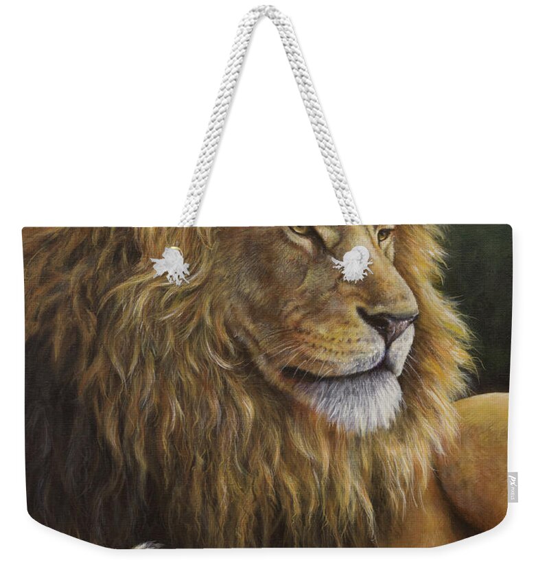 Lion Weekender Tote Bag featuring the painting Lion Around by Kim Lockman