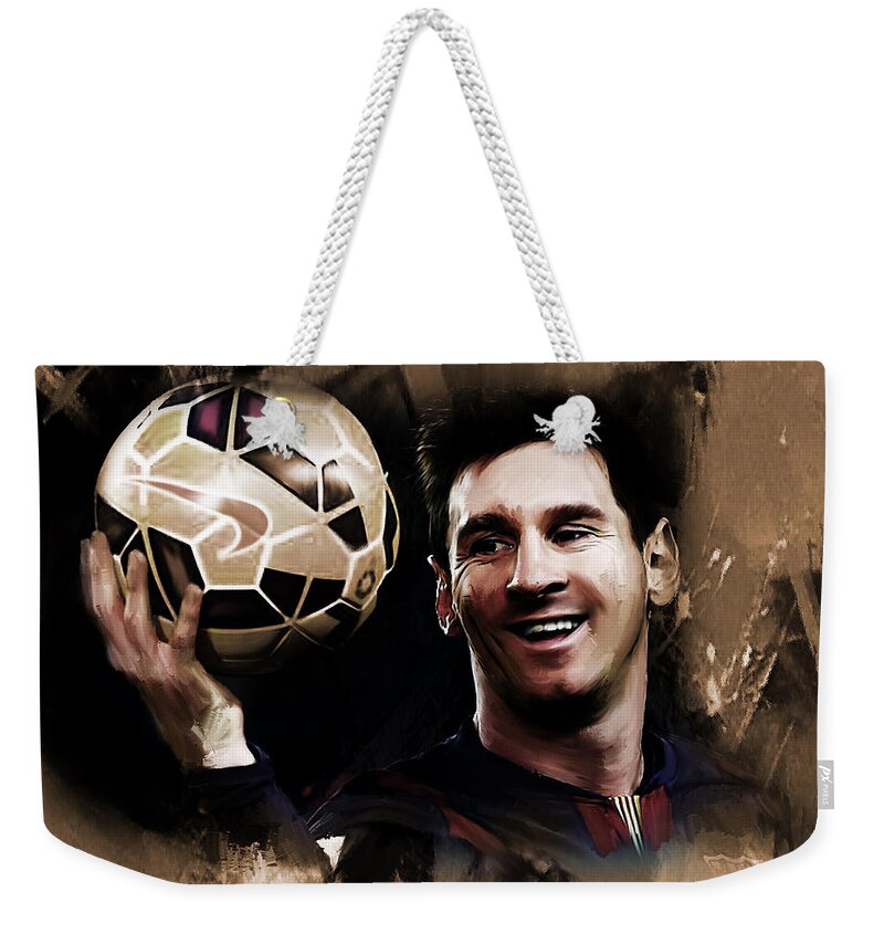 Lionel Messi Weekender Tote Bag featuring the painting Lionel Messi 032a by Gull G