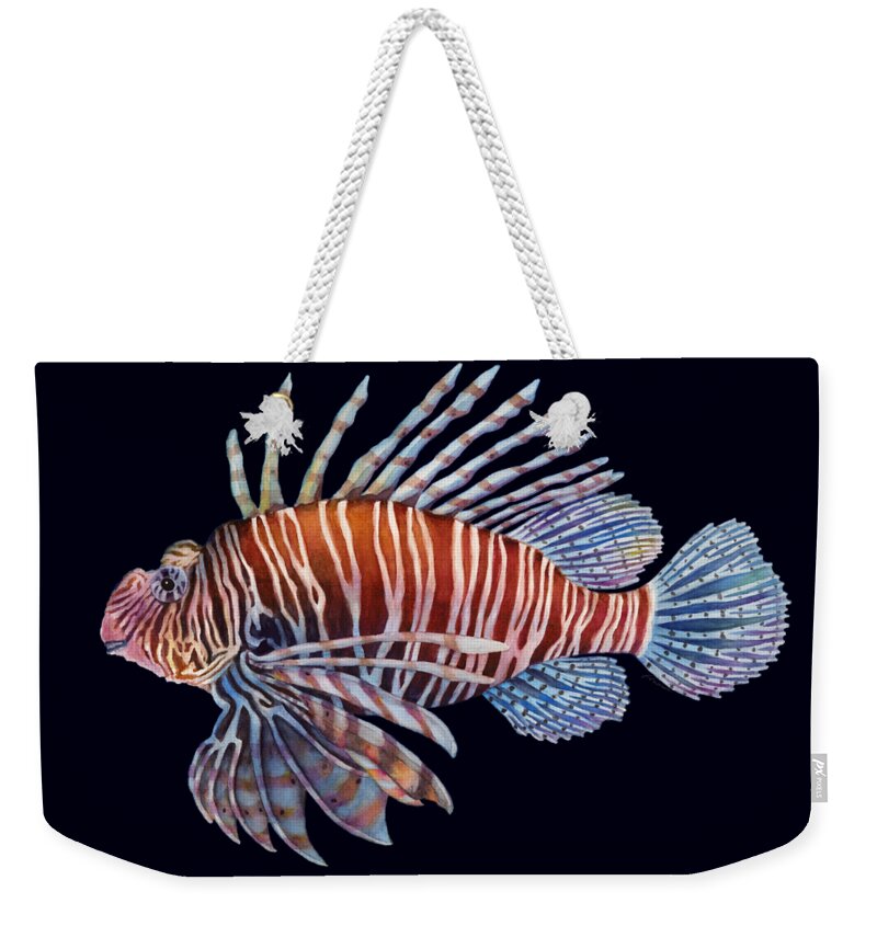 Lionfish Weekender Tote Bag featuring the painting Lionfish on Black by Hailey E Herrera