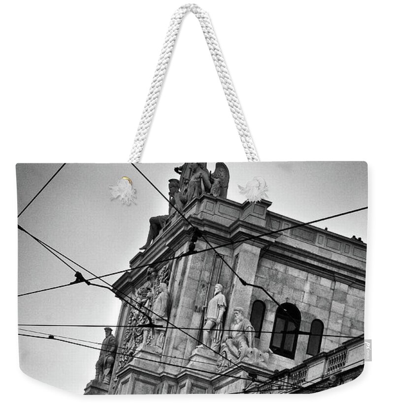 Street Weekender Tote Bag featuring the photograph Lisbon Tram Wires by Carlos Caetano