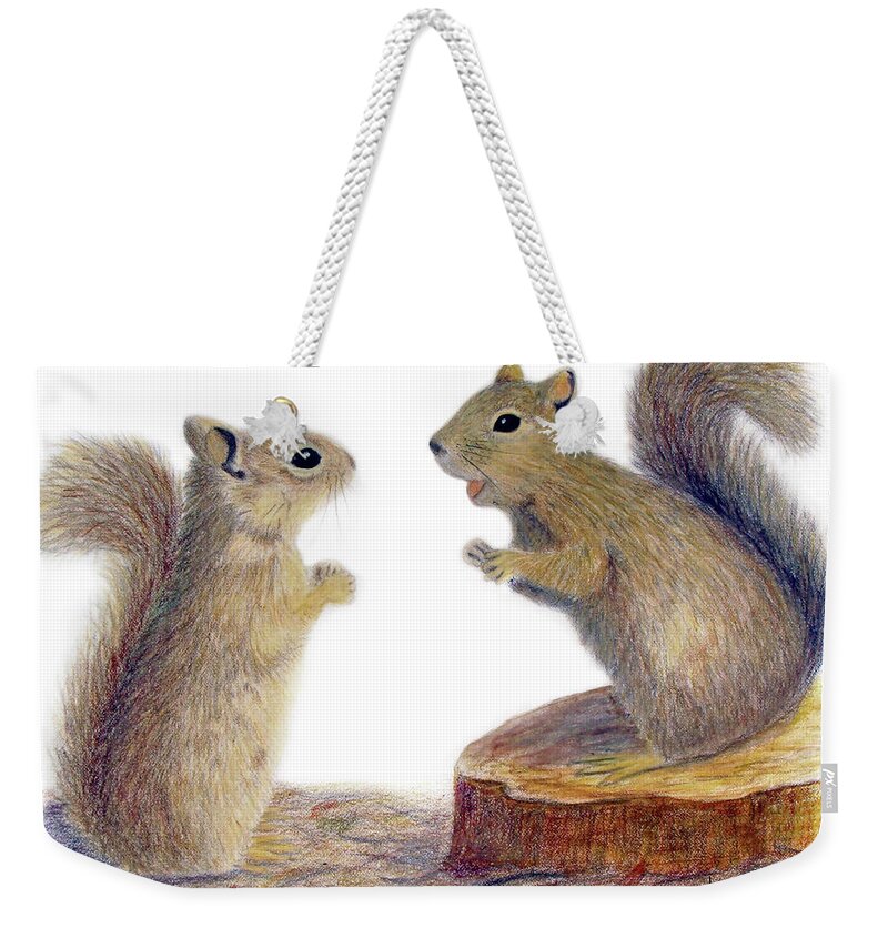 Squirrel Weekender Tote Bag featuring the drawing Listening by Phyllis Howard