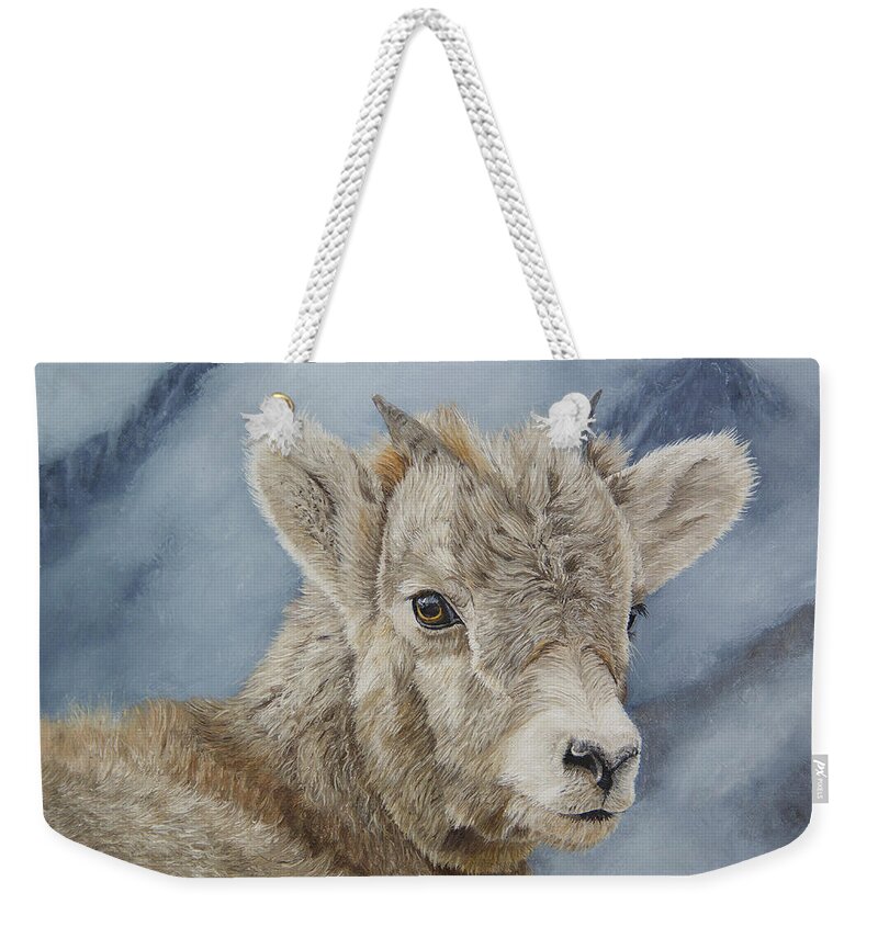 North American Wildlife Weekender Tote Bag featuring the painting Little Bighorn - Bighorn Sheep Lamb by Johanna Lerwick