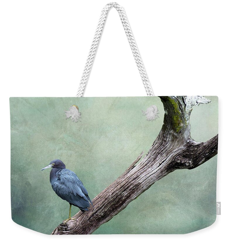 Little Blue Heron Weekender Tote Bag featuring the mixed media Little Blue Heron on Green by Rosalie Scanlon