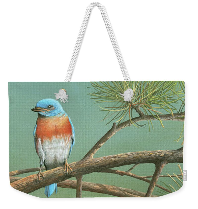 Blue Bird Weekender Tote Bag featuring the painting Little Boy Blue by Mike Brown