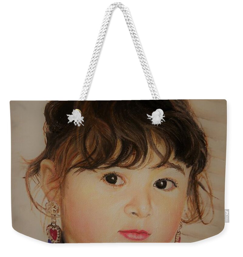 Portrait Weekender Tote Bag featuring the painting Little Girl by Sorin Apostolescu