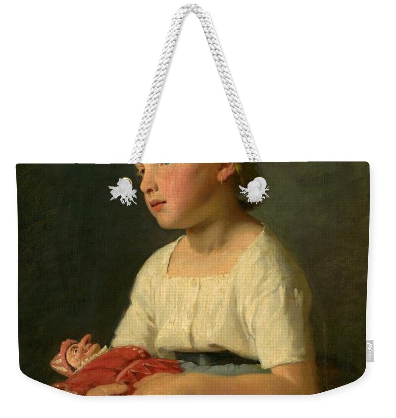 Portrait Weekender Tote Bag featuring the painting Little girl with a doll, Gyula Benczur 1863 by Vincent Monozlay