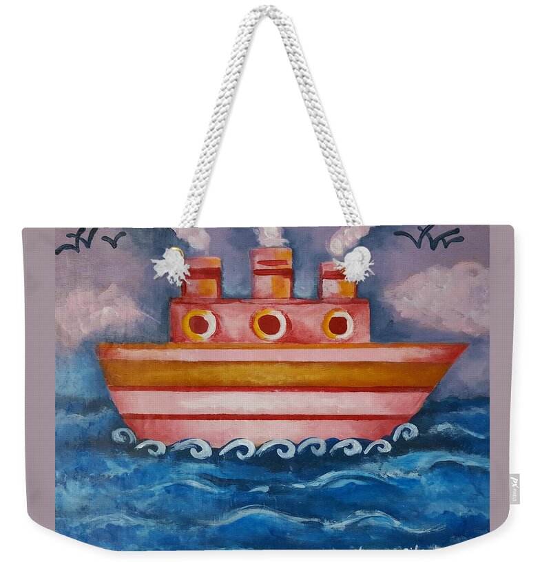 Ship Weekender Tote Bag featuring the painting Little Pink Ship by Rita Fetisov