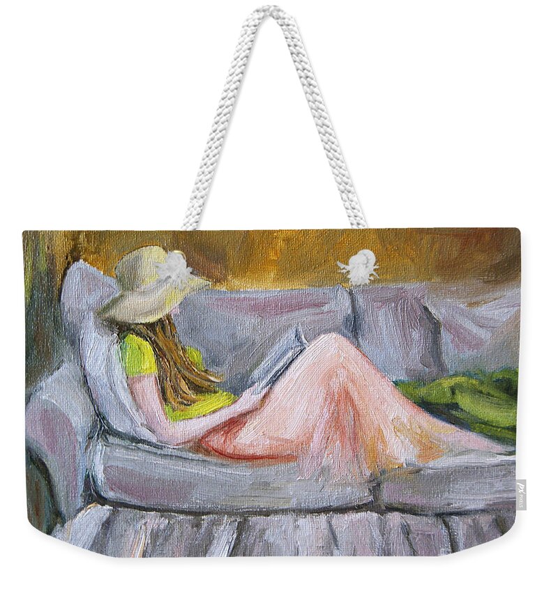 Jennifer Beaudet Weekender Tote Bag featuring the painting Little Reader by Jennifer Beaudet