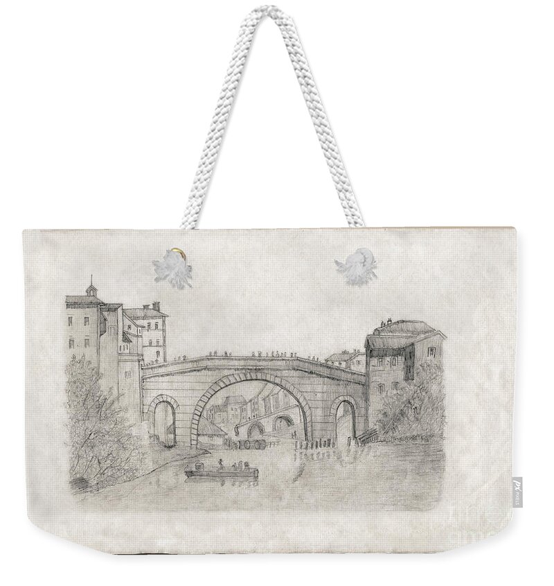 England Weekender Tote Bag featuring the drawing Liverpool Bridge by Donna L Munro