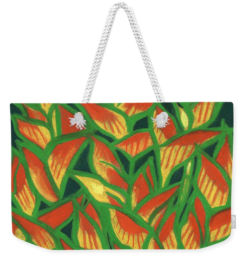 Clipsocallipso Weekender Tote Bag featuring the painting Lobster Claw / Heliconia Rostrata, tropic flowers, green, yellow and orange by Julia Khoroshikh