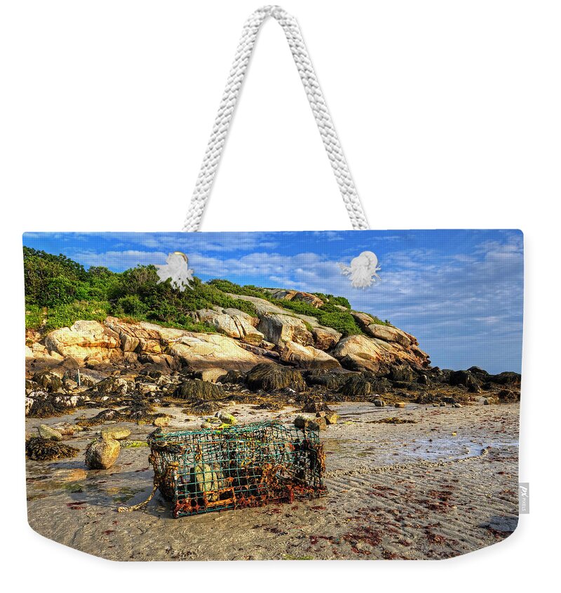 Gloucester Weekender Tote Bag featuring the photograph Lobster Trap on Salt Island Good Harbor Beach Gloucester MA by Toby McGuire