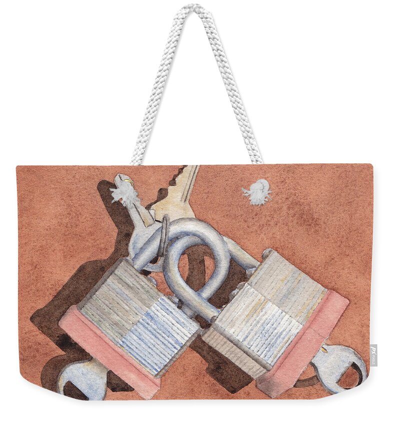 Lock Weekender Tote Bag featuring the painting Locked in an Embrace by Ken Powers