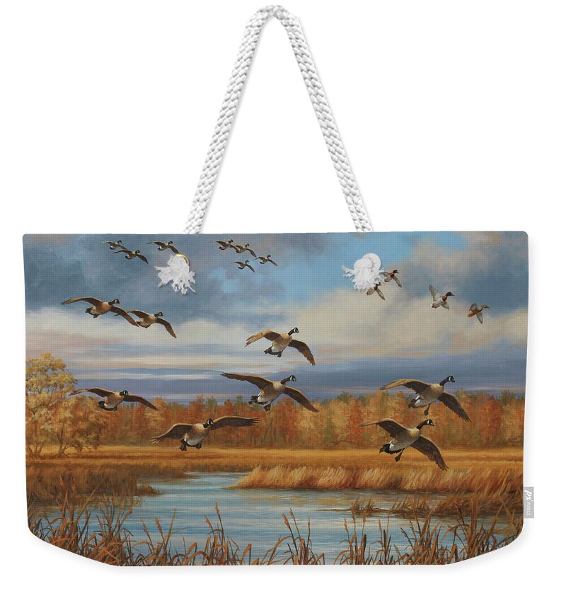 Canada Geese Weekender Tote Bag featuring the painting Locked Up by Guy Crittenden