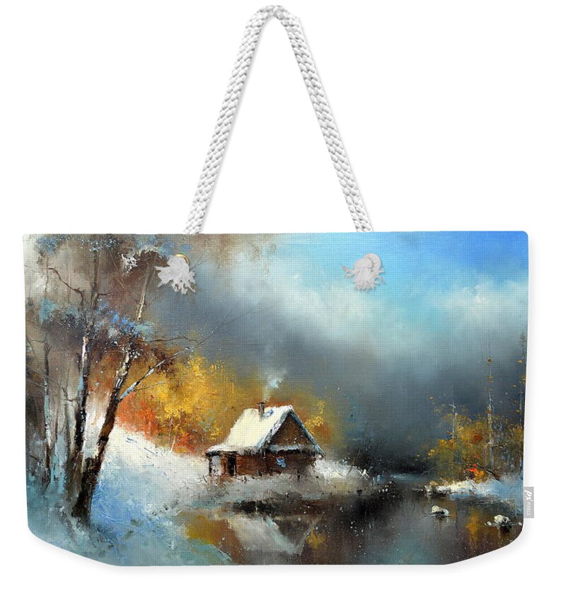 Russian Artists New Wave Weekender Tote Bag featuring the painting Lodge in the Winter Forest by Igor Medvedev