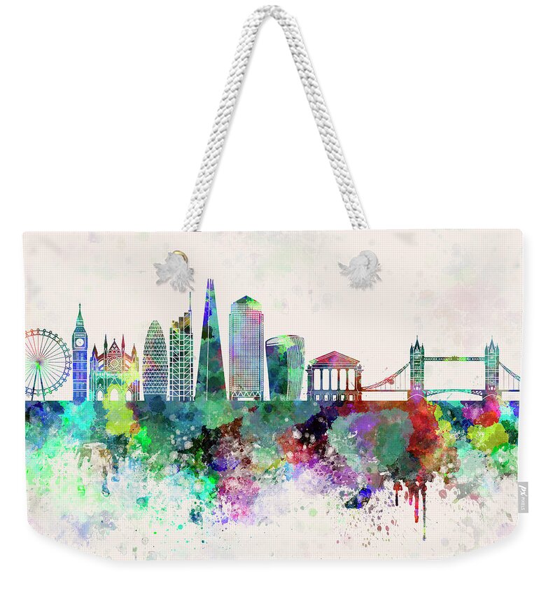 London Skyline Weekender Tote Bag featuring the painting London V2 skyline in watercolor background by Pablo Romero