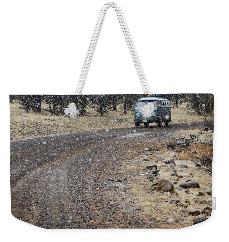Bus Weekender Tote Bag featuring the photograph Lone Bus On a Snowy Wooded Road by Richard Kimbrough
