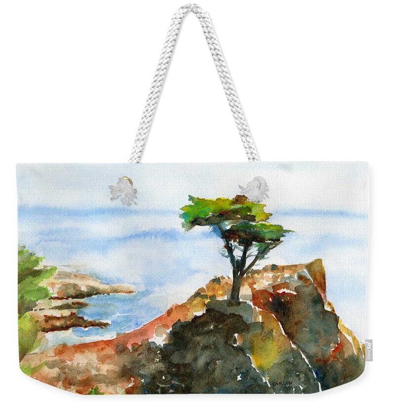 Lone Cypress Weekender Tote Bag featuring the painting Lone Cypress Pebble Beach Fog by Carlin Blahnik CarlinArtWatercolor