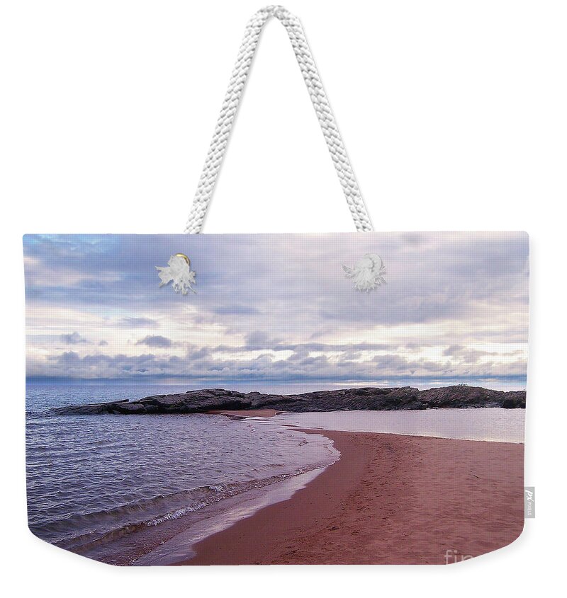 Lake Superior Weekender Tote Bag featuring the photograph Long Rock In Lake Superior by Phil Perkins