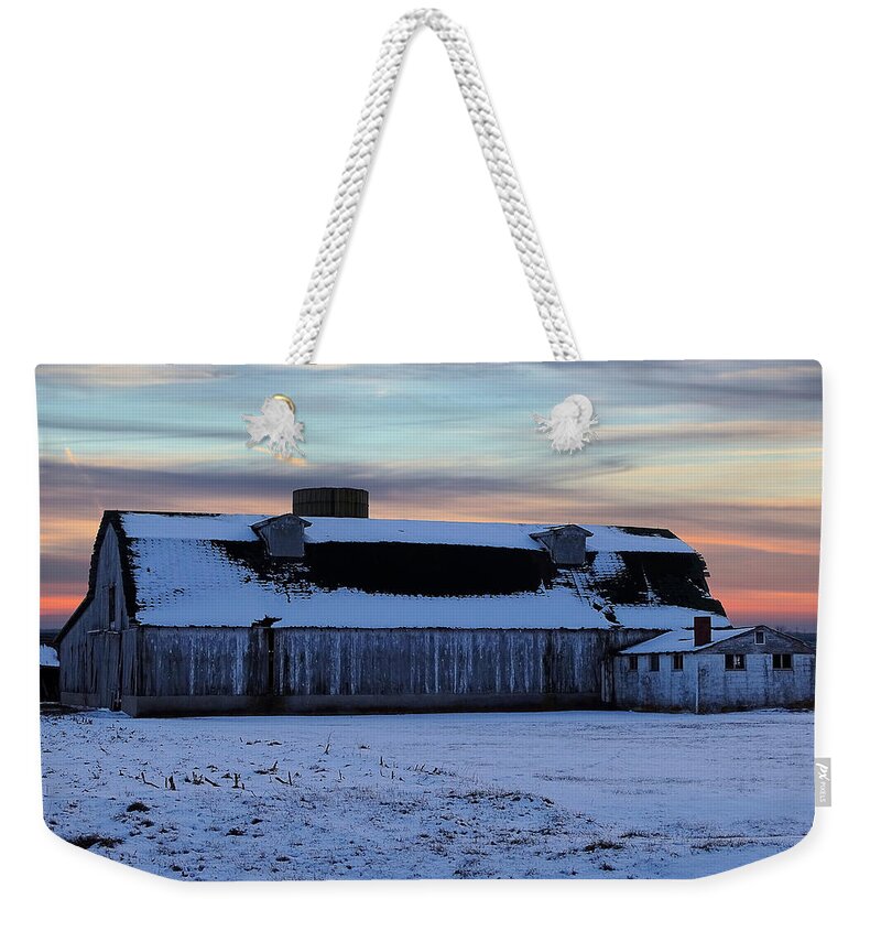 Scary Weekender Tote Bag featuring the photograph Long White Barn by Theresa Campbell