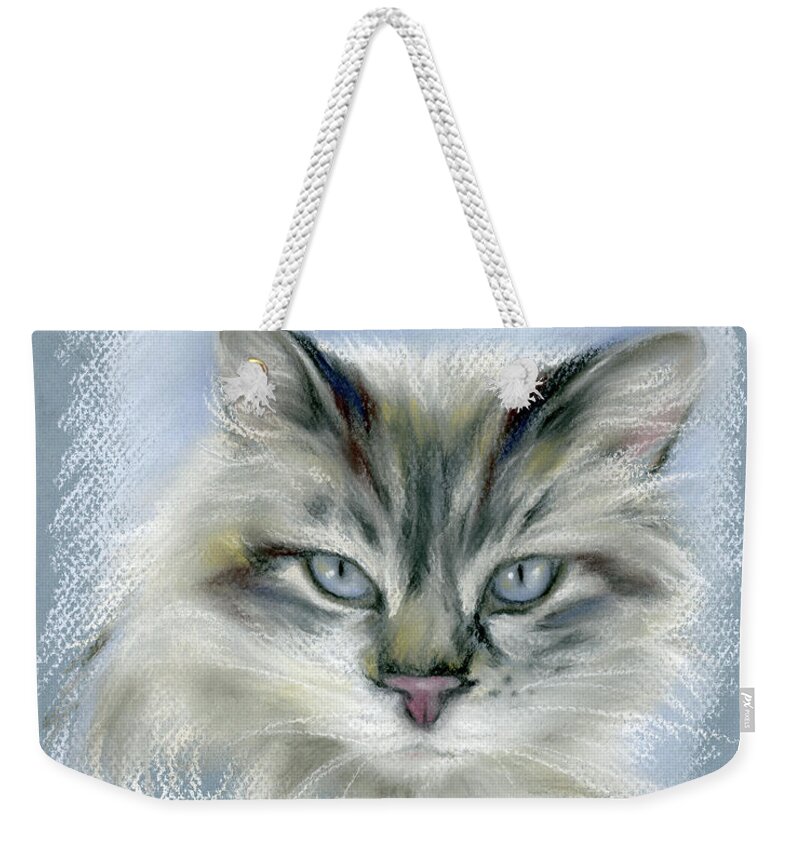 Cat Weekender Tote Bag featuring the pastel Longhaired Cat with Blue Eyes by MM Anderson