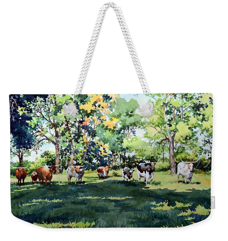 #water #watercolor #watercolorpainting Longhorns #cattle #farm #landscape #countrylife #country #cows Weekender Tote Bag featuring the painting Longhorns by Mick Williams