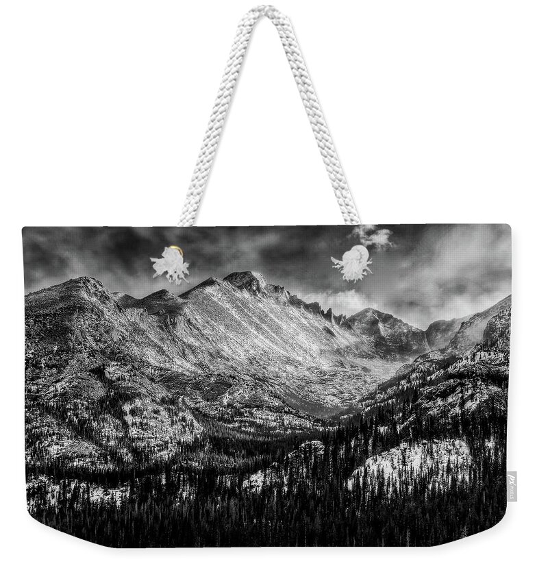 Longs Peak Weekender Tote Bag featuring the photograph Longs Peak Rocky Mountain National Park Black and White by Ken Smith