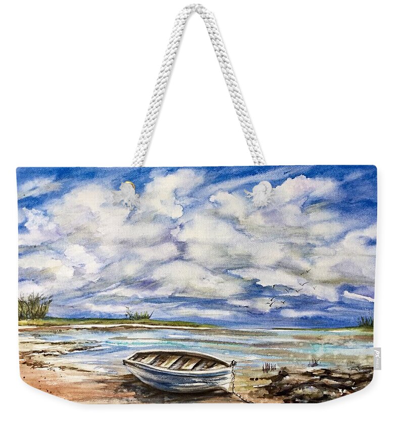 Boat Weekender Tote Bag featuring the painting Lonley boat 3 by Katerina Kovatcheva