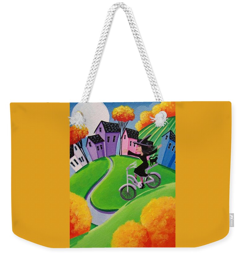 Witch Weekender Tote Bag featuring the painting Look No Hands  witch cat ridng bike by Debbie Criswell