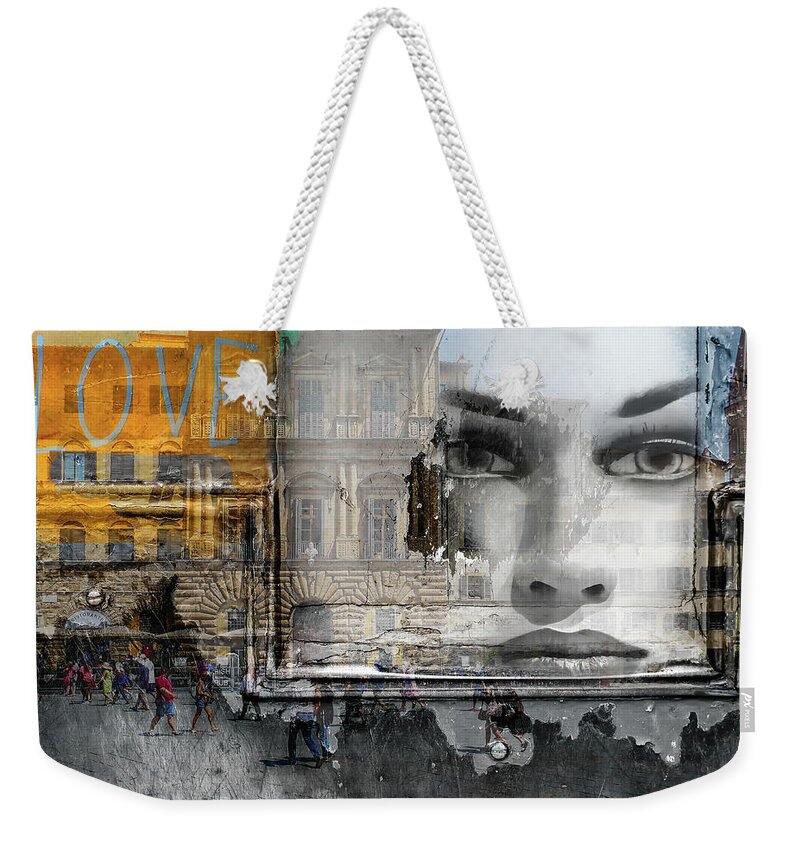 Woman Weekender Tote Bag featuring the photograph Looking at the street life of Florence by Gabi Hampe