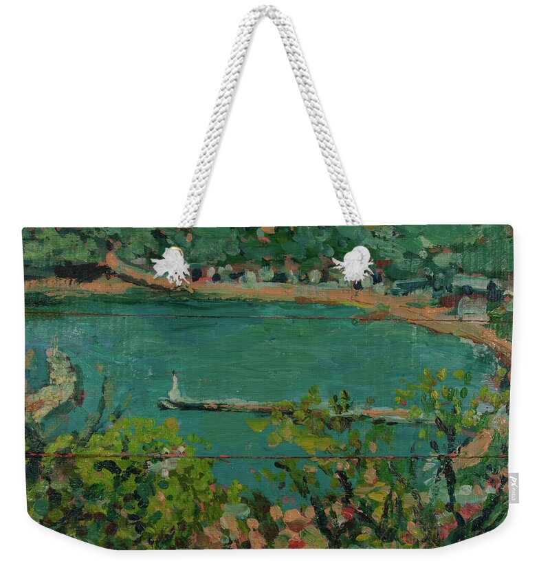 Painting Weekender Tote Bag featuring the painting Looking down on harbour on Skopelos by Peregrine Roskilly