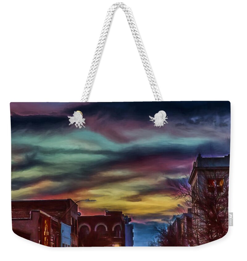 Sunset Weekender Tote Bag featuring the digital art Looking Down the Avenue at Sunset by John Haldane