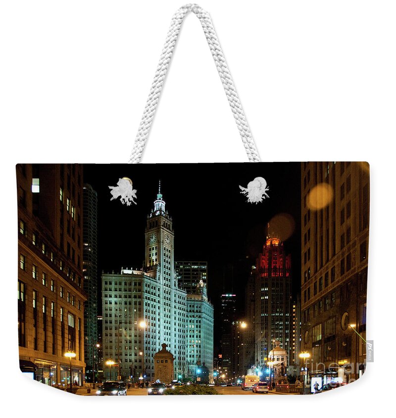Chicago Weekender Tote Bag featuring the photograph Looking North on Michigan Avenue at Wrigley Building by David Levin