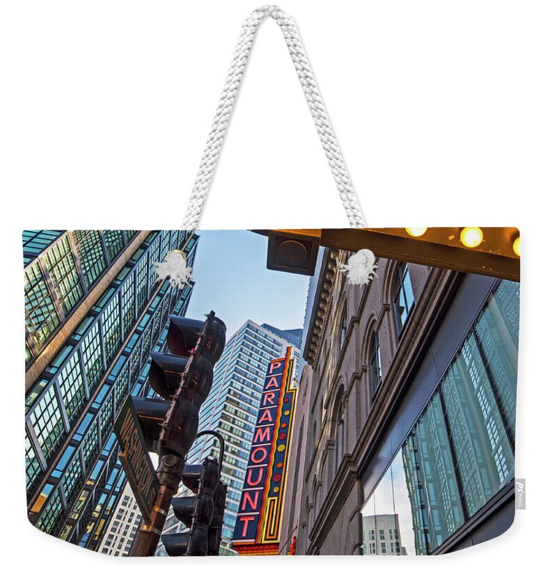 Boston Weekender Tote Bag featuring the photograph Looking up at the Boston Paramount Boston MA by Toby McGuire