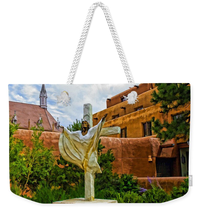 Loretto Weekender Tote Bag featuring the photograph Loretto Steeple and Christ on a Cross by Ginger Wakem