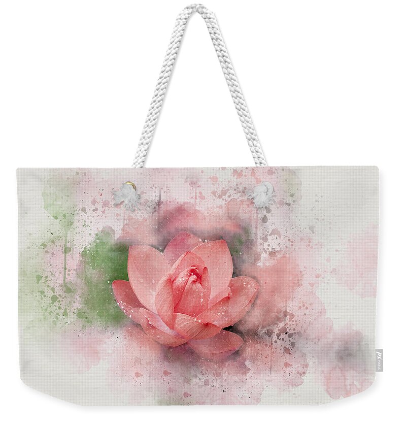 Lotus 8 Flowers Floral Plant Nature Hot Pink Red Watercolor Effect Digital Art Photography Peggy Cooper Cooperhouse Impressionist Modern Impressionism Weekender Tote Bag featuring the digital art Lotus 8 by Peggy Cooper-Hendon