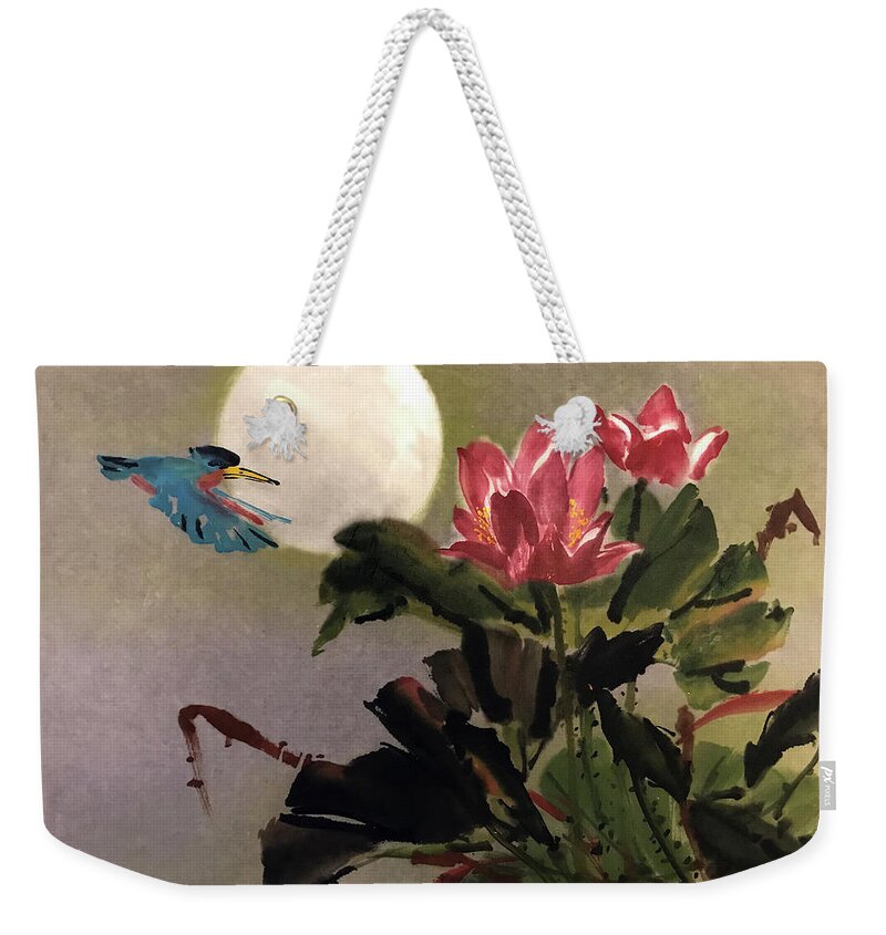 Lotus Weekender Tote Bag featuring the painting Lotus and Kingfisher by Charlene Fuhrman-Schulz