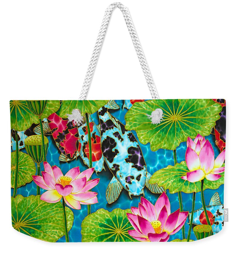 Lotus Pond Weekender Tote Bag featuring the painting Lotus Flower and Koi Fish by Daniel Jean-Baptiste