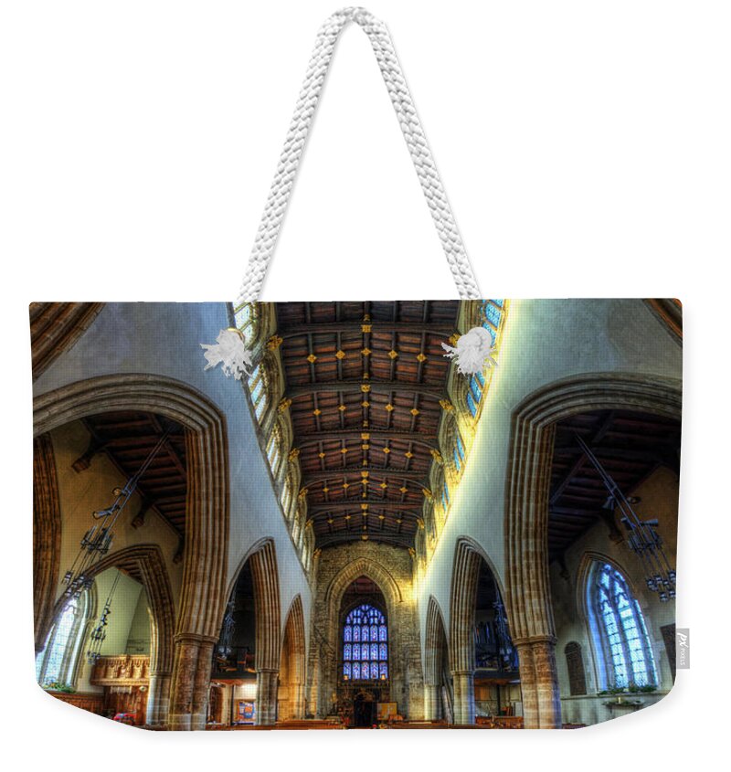 Yhun Suarez Weekender Tote Bag featuring the photograph Loughborough Church - Nave Vertorama by Yhun Suarez